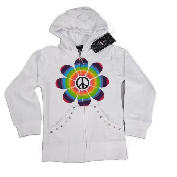 Flowers by Zoe Girls Hoodie 4 White Terry Zip Sweatshirt Rainbow Peace Y2K Retro - Picture 2 of 14